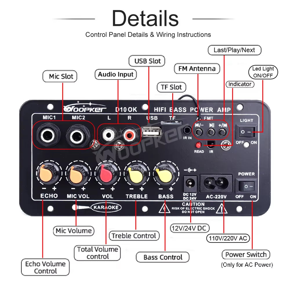 Audio Amplifier Board 30-120W Support Dual Microphone Bluetooth Amplificatore Subwoof for 4Ohm Speaker 12V 24V 110V 220V