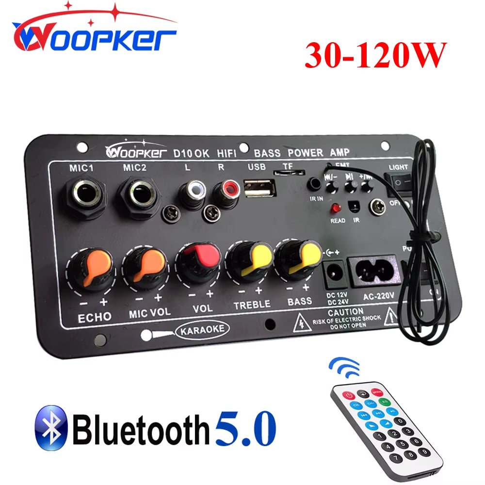 Audio Amplifier Board 30-120W Support Dual Microphone Bluetooth Amplificatore Subwoof for 4Ohm Speaker 12V 24V 110V 220V