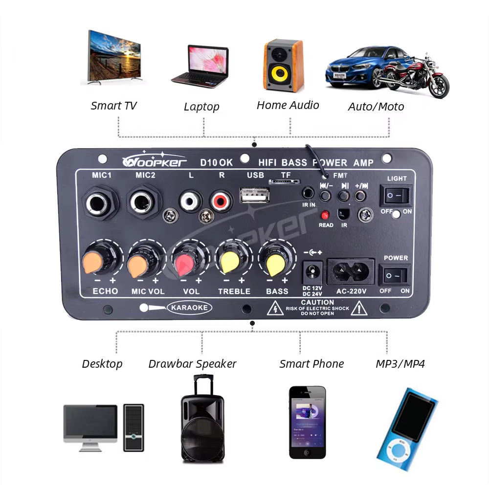 Audio Amplifier Board 30-120W Support Dual Microphone Bluetooth Amplificatore Subwoof for 4Ohm Speaker 12V 24V 110V 220V