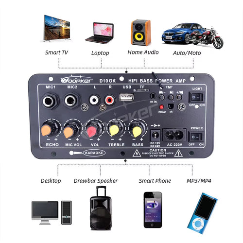 Audio Amplifier Board 30-120W Support Dual Microphone Bluetooth Amplificatore Subwoof for 4Ohm Speaker 12V 24V 110V 220V
